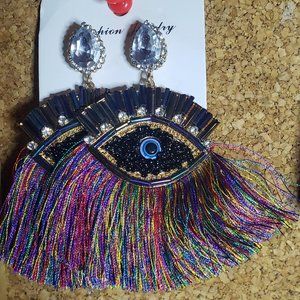 Pink and Blue Eye Shape Fringe Earrings
